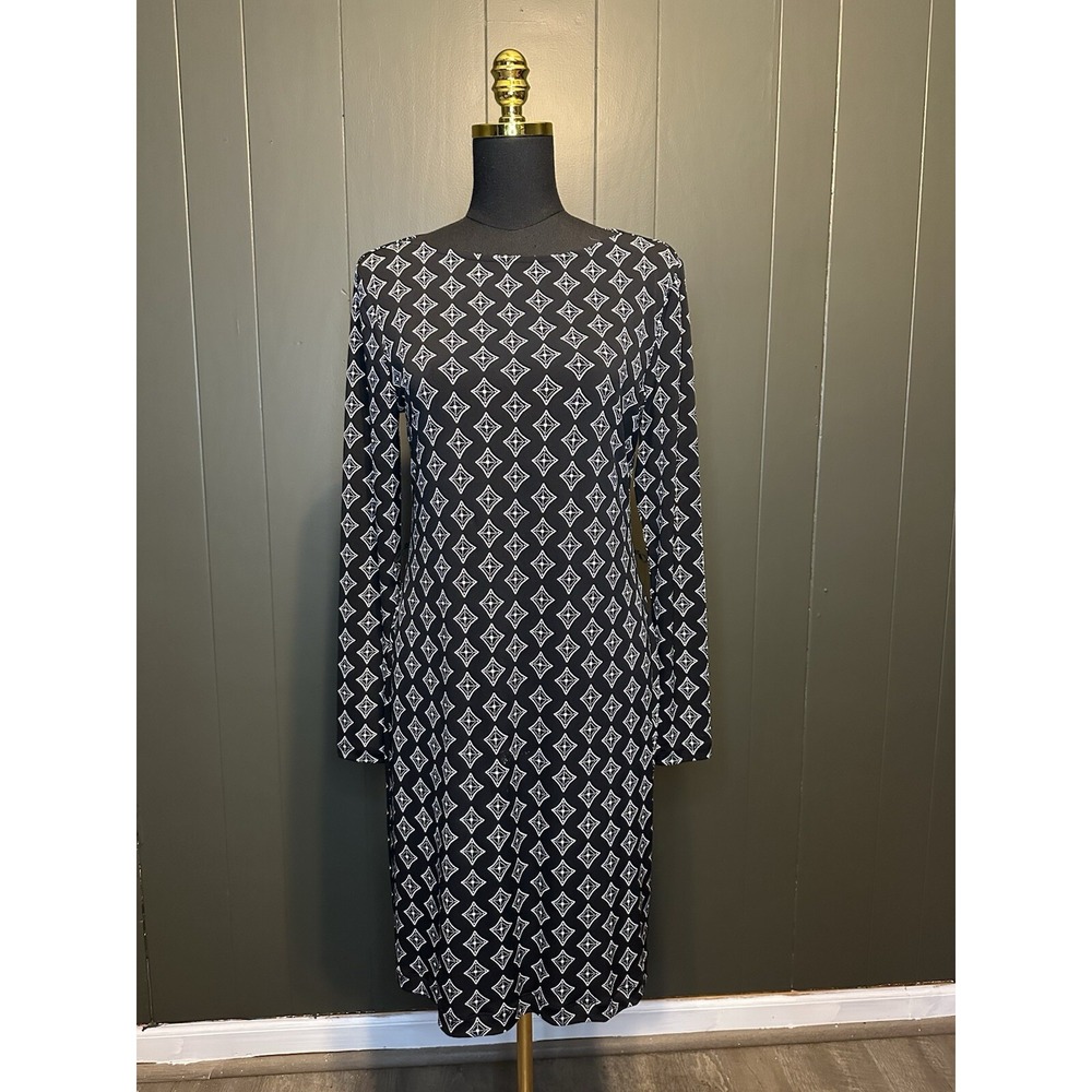 Banana Republic Black White Geometric Print Shift Dress Career Long Sleeve S Ama